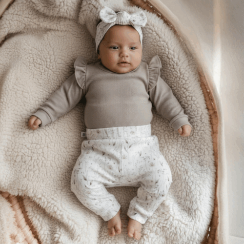 handgemaakte baby setje in zandkleur met bloemenprint