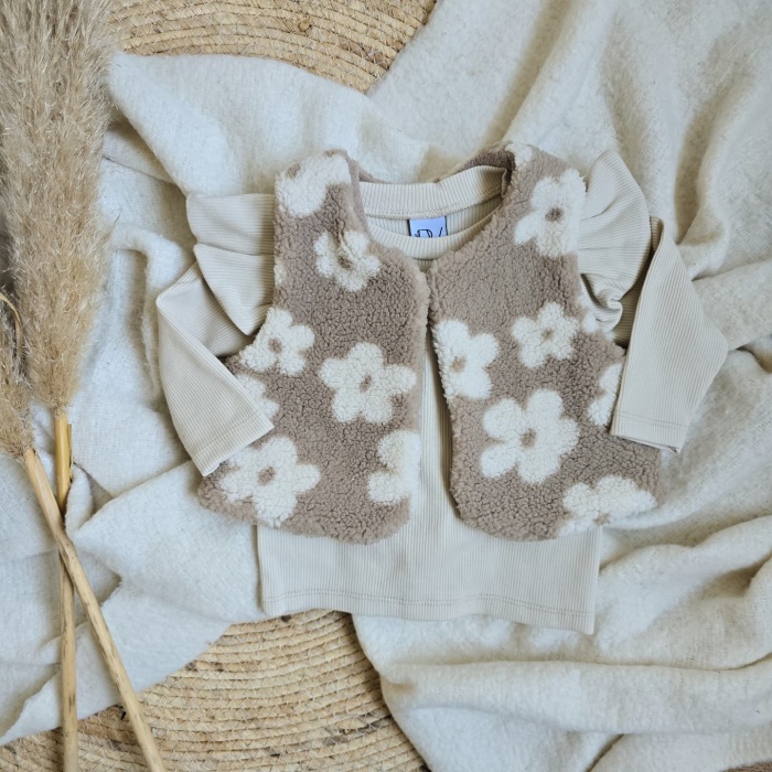 teddy gilet bloemen taupe