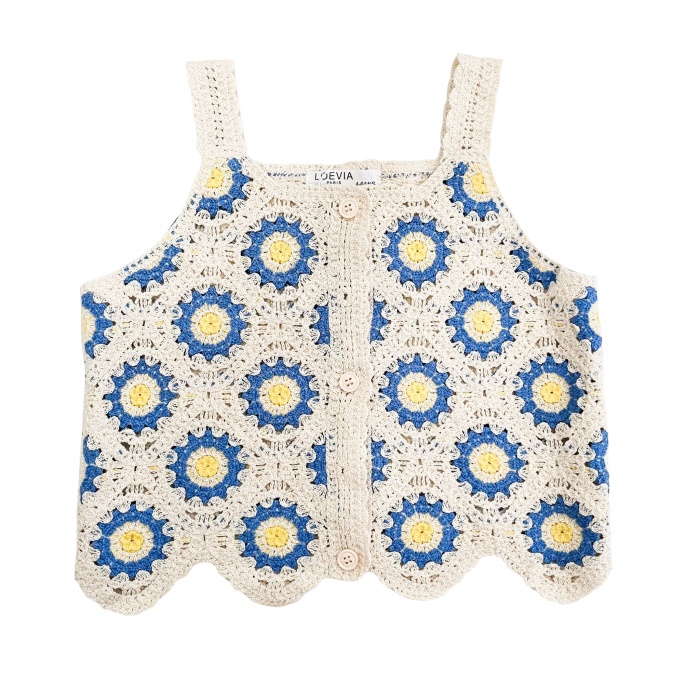 crochet top bloemen blauw geel