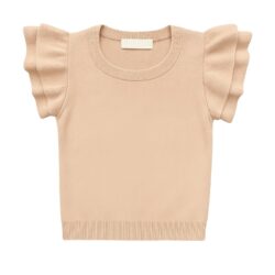 Gebreide beige trui met ruche mouwen Gebreide beige trui met ruche mouwen
