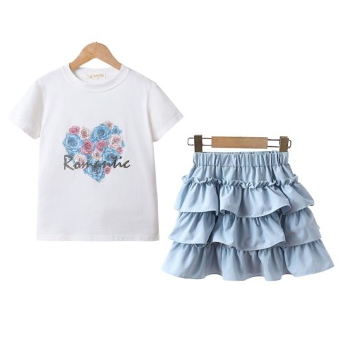 set meisjes shirt bloemen rok blauw