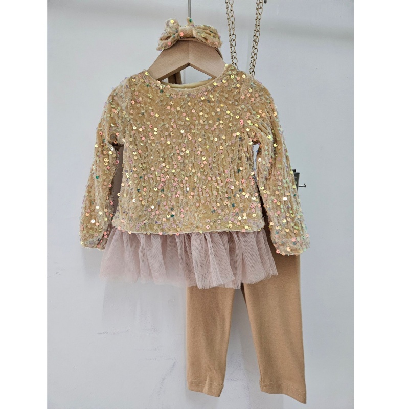 3-delige feestelijke outfit: gouden meisjes set met pailletten
