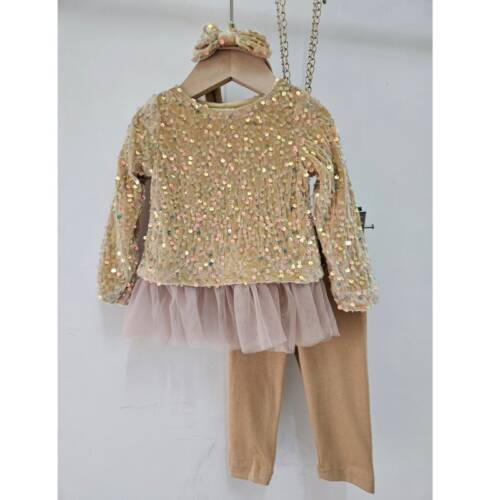 3 delige gouden meisjes set met pailletten  tule rok en haarband – feestelijke outfit voor meisjes.