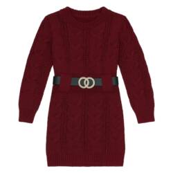 Gebreid bordeaux jurkje met riem voor meisjes – warme winterjurk maat 98 104 tm 158 164 Gebreid Bordeaux Jurkje Meisje met Riem