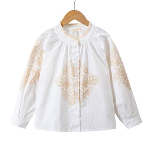 Meisjes blouse wit met beige print, met ruches en knoopsluiting