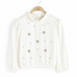 Meisjes blouse wit met bloem strass en ruches, feestelijke look