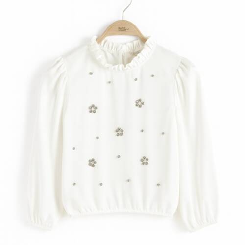 Meisjes blouse wit met bloem strass en ruches, feestelijke look