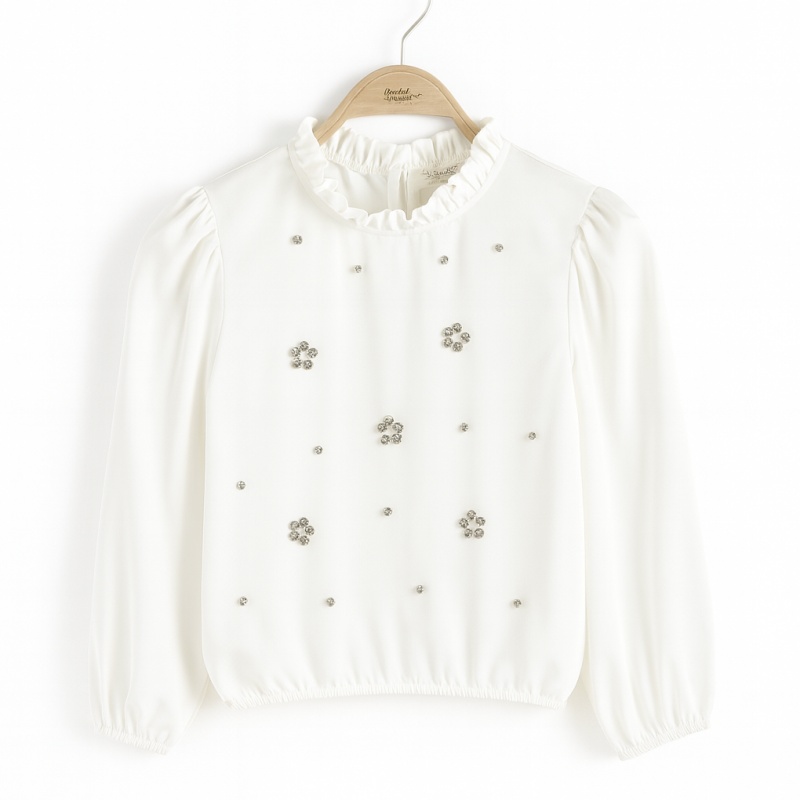 Meisjes blouse wit met bloem strass en ruches, feestelijke look