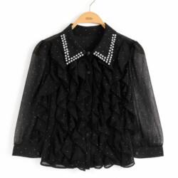 Meisjes blouse zwart met ruffles en strass, transparante mouwen en kraag met steentjes
