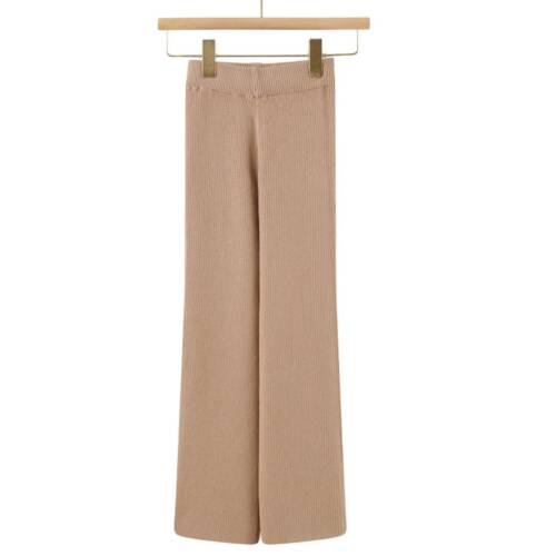 Meisjes fijngebreide rib broek taupe camel met elastische taille en wijdere pijpen