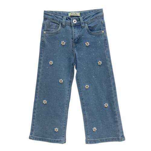 Meisjes jeans met parelbloemen en strassdetails, rechte pijpen
