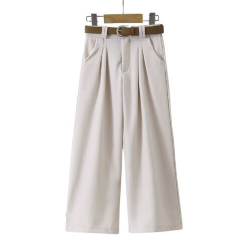 Meisjes pantalon beige met riem en wijde pijpen, elegante pasvorm
