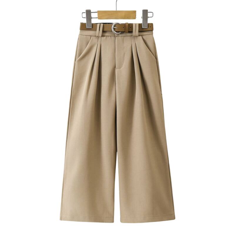 Meisjes pantalon camel met riem en wijde pijpen, elegante pasvorm