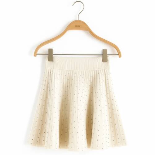 Meisjes rok beige met glittersteentjes, gebreid met elastische tailleband