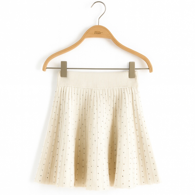 Meisjes rok beige met glittersteentjes, gebreid met elastische tailleband