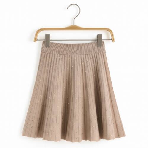 Meisjes rokje taupe met glittersteentjes, gebreid met elastische tailleband