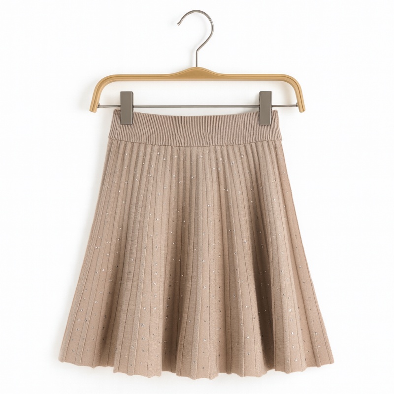 Meisjes rokje taupe met glittersteentjes, gebreid met elastische tailleband