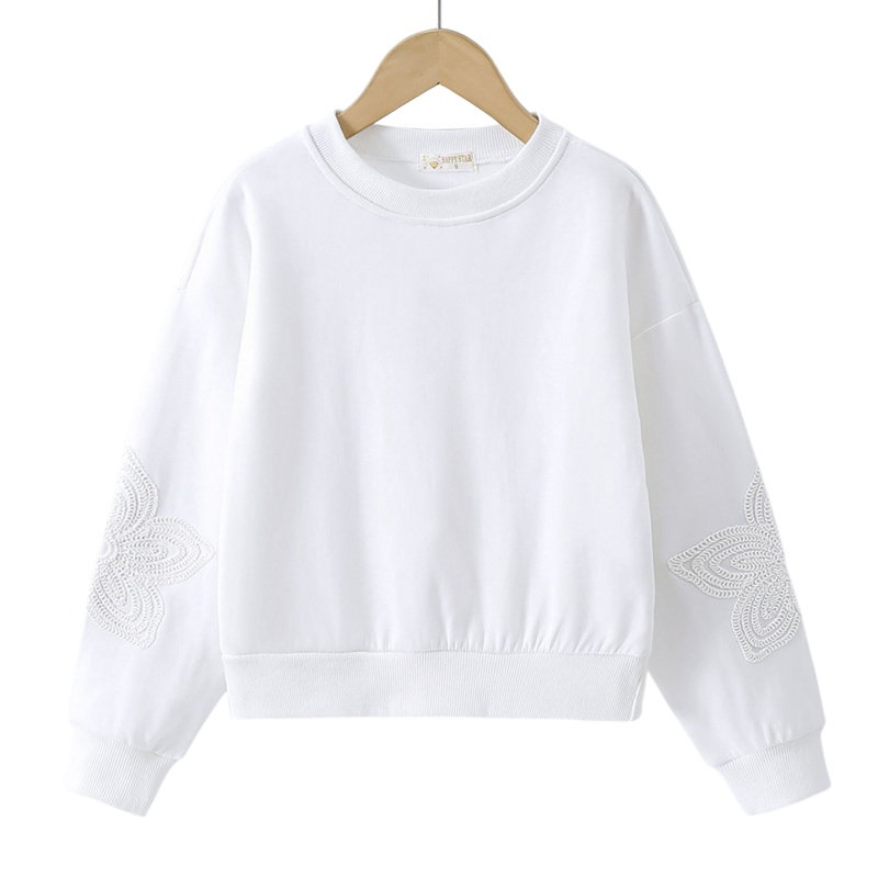 Meisjes sweater wit met geborduurde bloem op mouwen, zachte katoenmix Meisjes sweater wit met geborduurde bloem op mouwen, zachte katoenmix