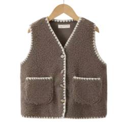 Meisjes teddy gilet dark roast met knoopsluiting en contrasterende afwerking