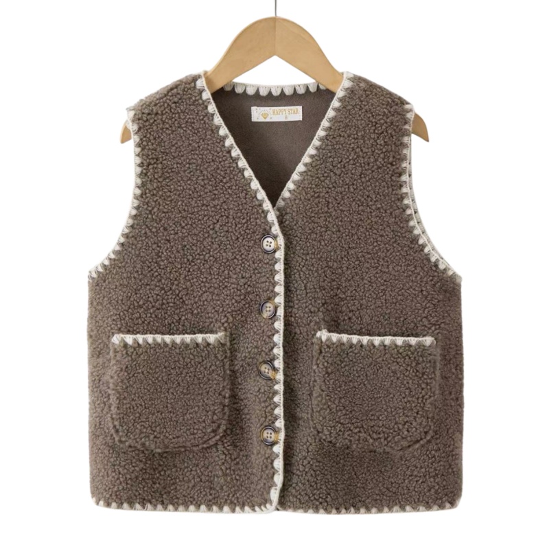 Meisjes teddy gilet dark roast met knoopsluiting en contrasterende afwerking