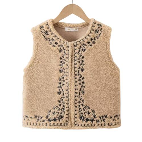 Meisjes teddy gilet met borduursel boho, zacht en beige van kleur