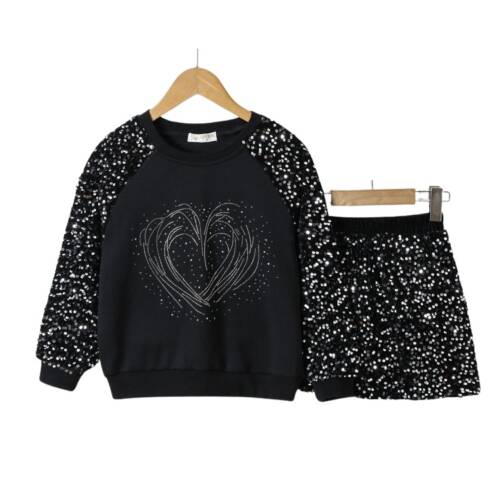 Trendy meisjes set zwart met glitters – trui en rokje met pailletten