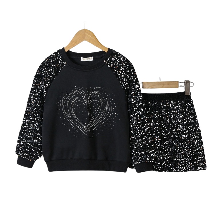Trendy meisjes set zwart met glitters – trui en rokje met pailletten