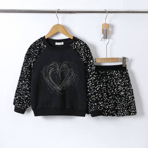 Trendy meisjes set zwart met glitters – trui en rokje met pailletten