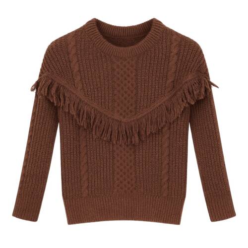 bruine trui met franjes voor meisjes – warme gebreide trui met westernlook