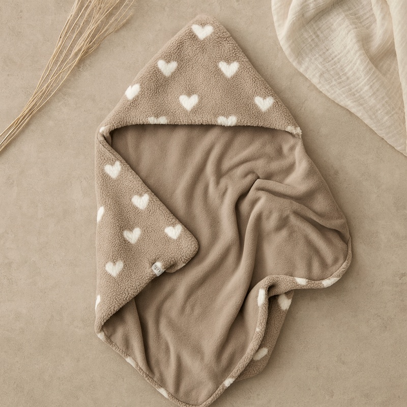 wikkeldeken teddy taupe met witte hartjes