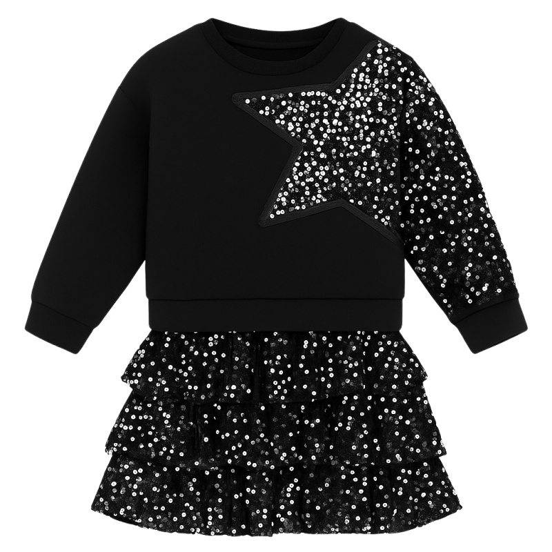 2 delige glitter set zwart meisjes – sweater met glitterster en rok kinderkleding 2-delige glitter set zwart meisjes