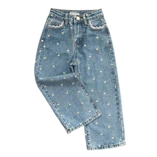 Jeans meisjes met geborduurde hartjes – wijde fit denim kinderkleding