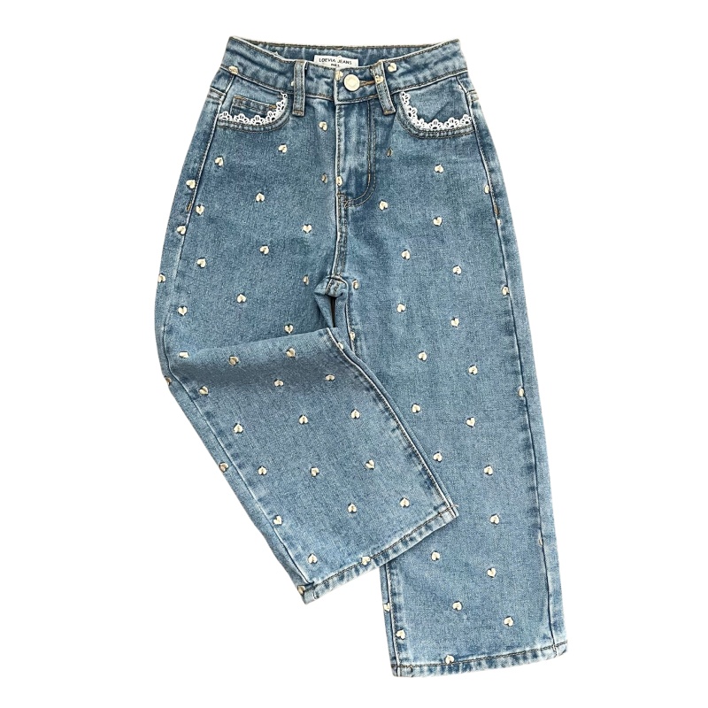 Jeans meisjes met geborduurde hartjes – wijde fit denim kinderkleding