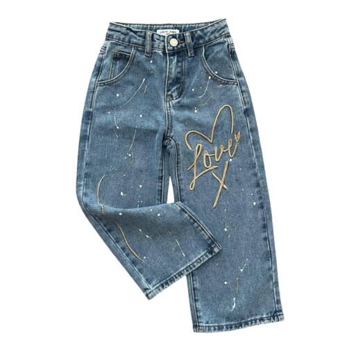 Love jeans blauw meisjes – wijde fit denim met gouden opdruk kinderkleding