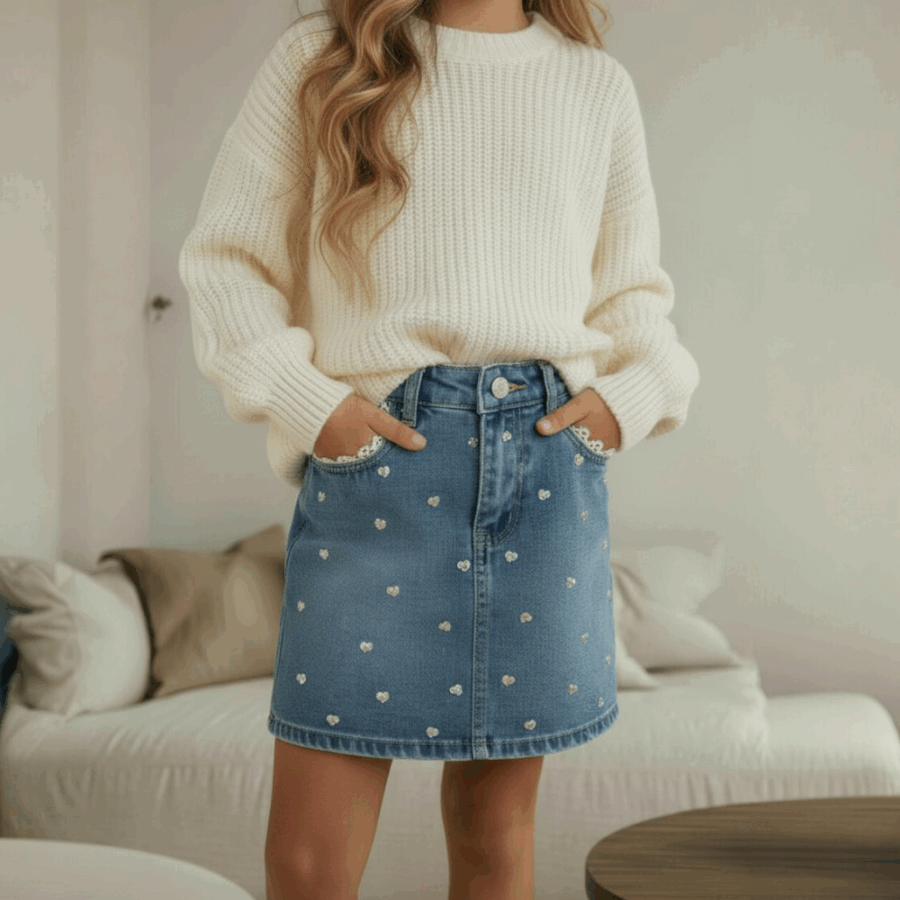 Blauwe meisjes denim rok met hartjes
