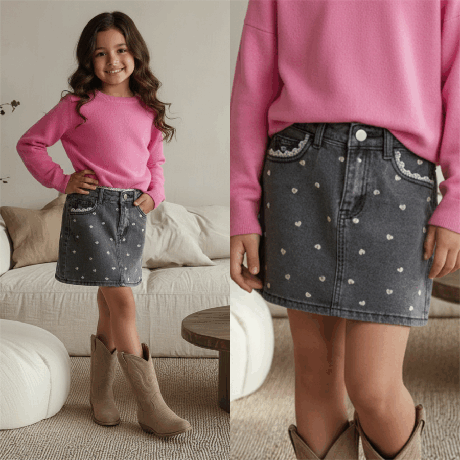 Donkergrijze meisjes denim rok met hartjes
