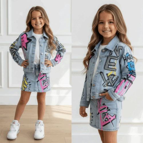 Meisjes denim graffiti set