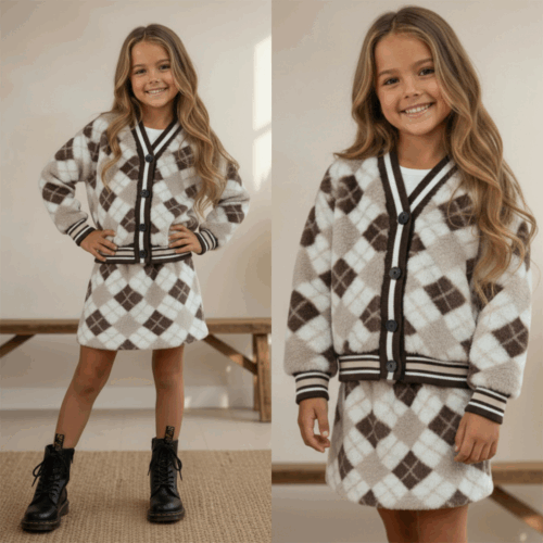 Meisjes teddy set met ruit