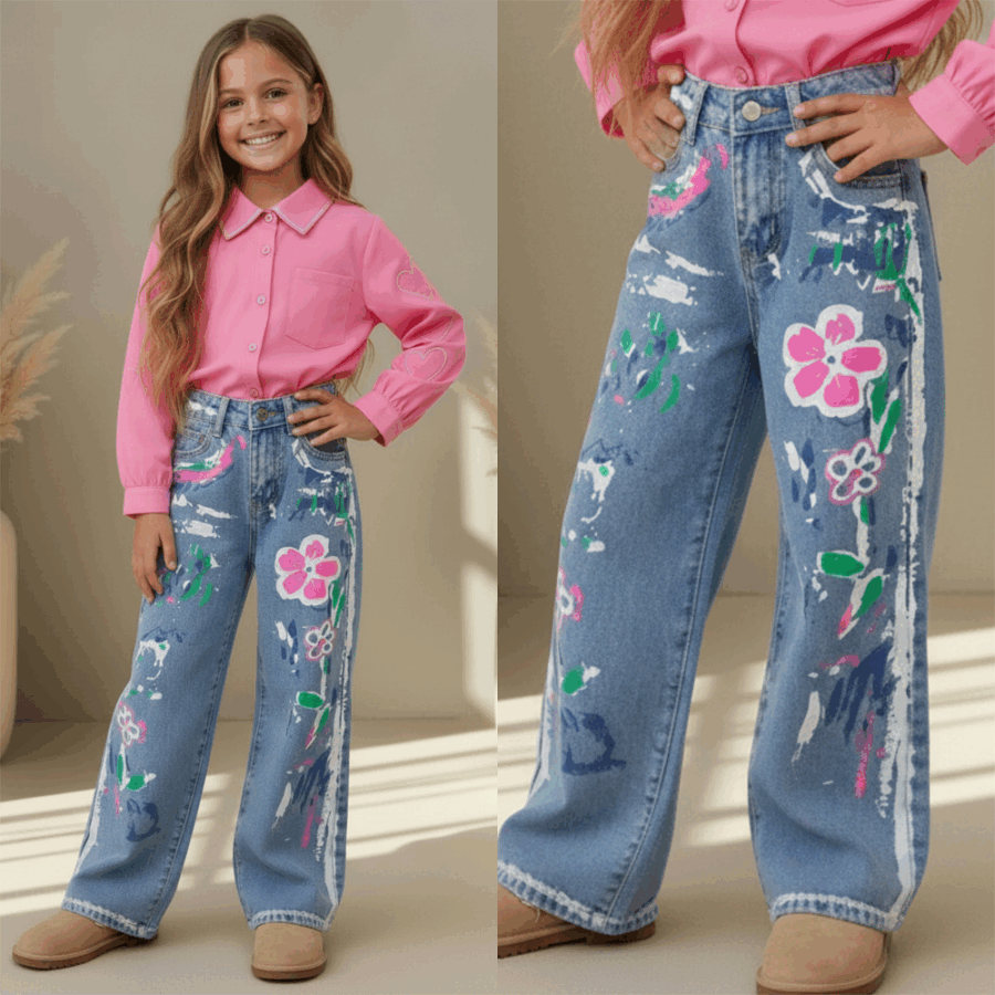 blauwe meisjes jeans met paint brush effect