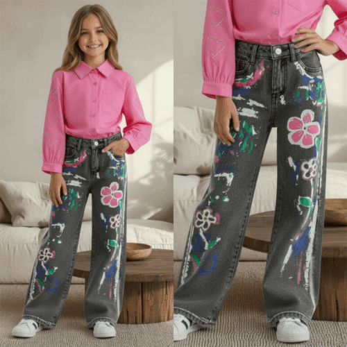 grijze meisjes jeans met paint brush effect