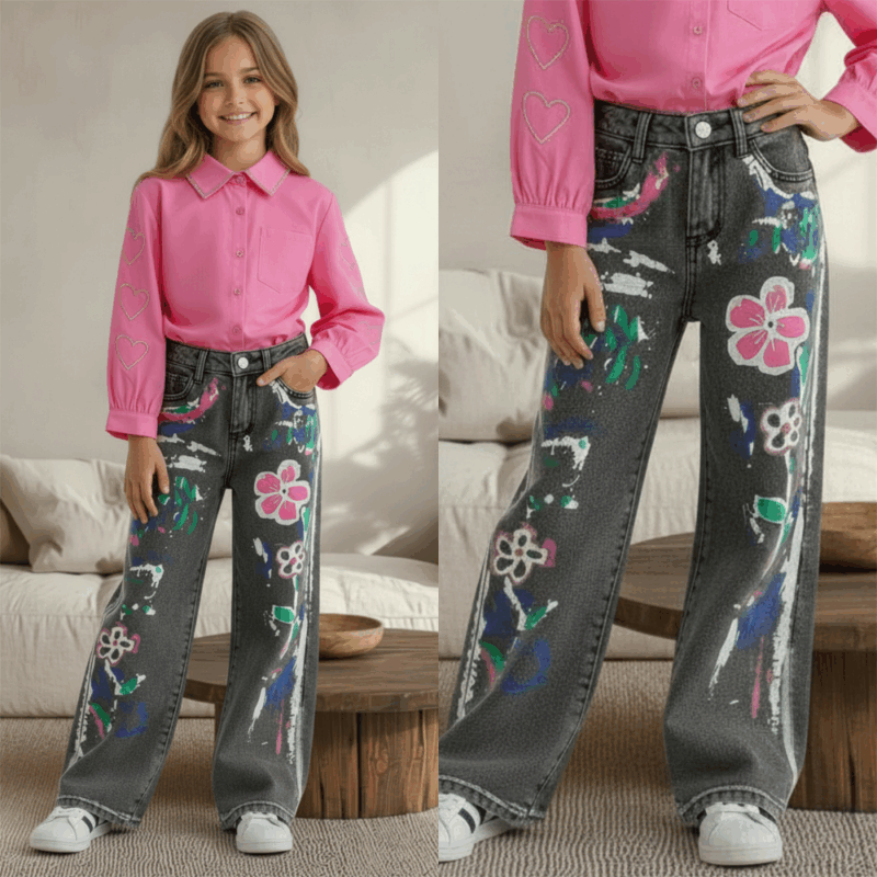 grijze meisjes jeans met paint brush effect