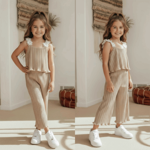 2 delige set meisje plissé beige