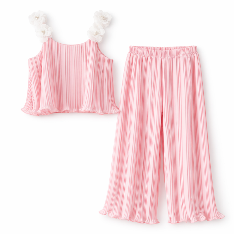 2 delige set meisje roze plissé zomer