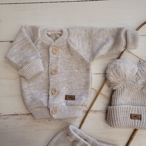 3czesciowy komplet wloczkowy dziergany unisex niemowle noworodek czapka pompony sweterek sweter pols