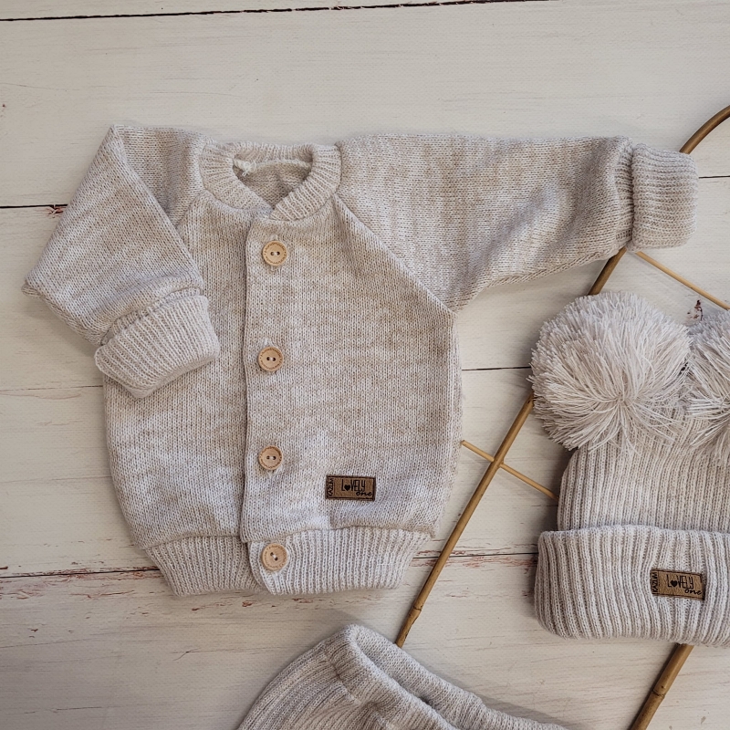 3czesciowy komplet wloczkowy dziergany unisex niemowle noworodek czapka pompony sweterek sweter pols