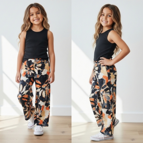 Black Bloom Summer Set zwart meisjes met zwarte top en bloemrijke zomerse broek Black Bloom Summer Set zwart meisjes met zwarte top en bloemrijke zomerse broek