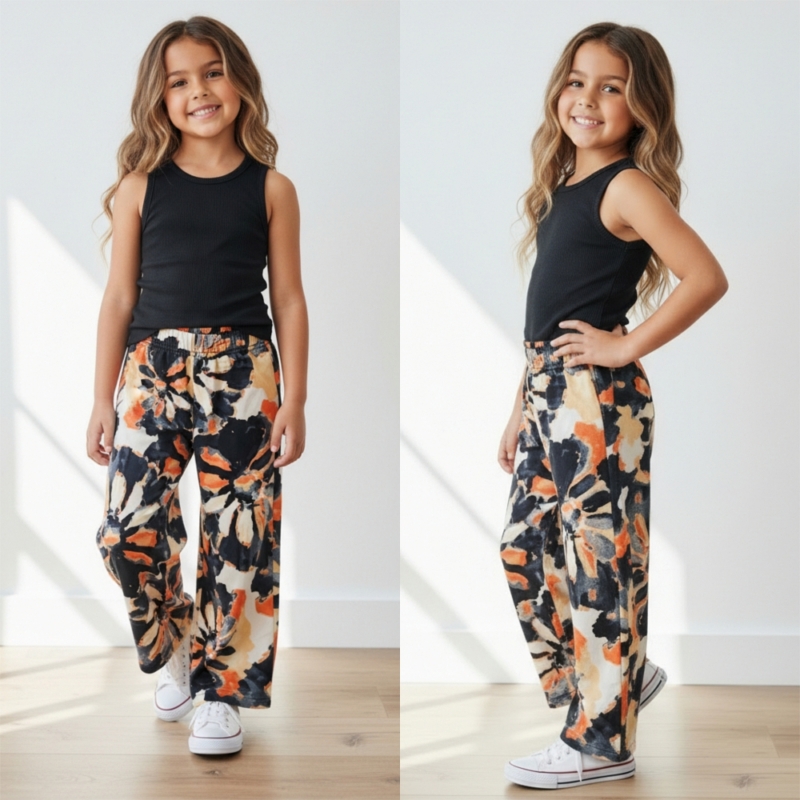 Black Bloom Summer Set zwart meisjes met zwarte top en bloemrijke zomerse broek