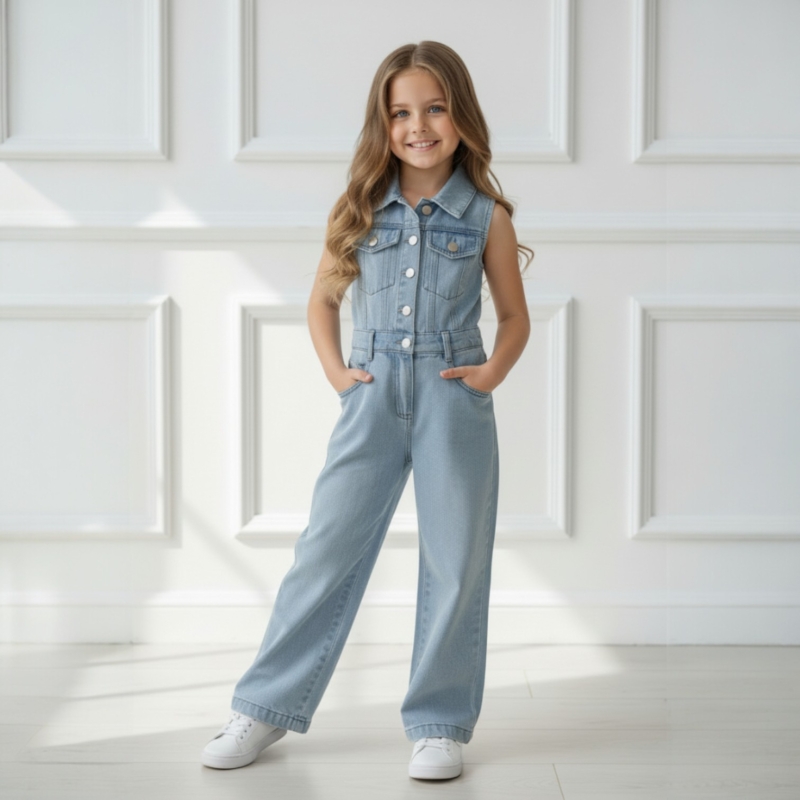 Denim jumpsuit meisjes met knoopsluiting Denim Button Up Jumpsuit lichtblauw Denim jumpsuit meisjes met knoopsluiting Denim Button Up Jumpsuit lichtblauw