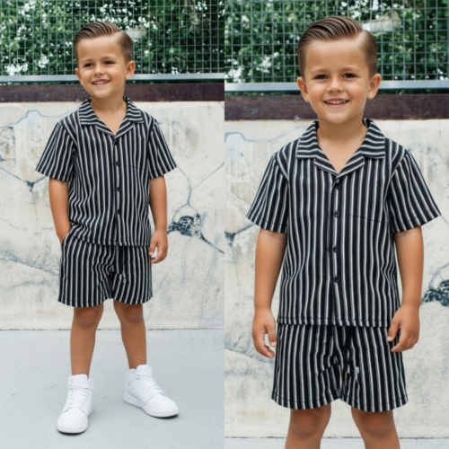 Icon Black Stripe Summer Set jongens zwart wit gestreepte zomerset met overhemd en short
