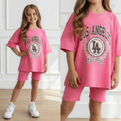 LA set oversized t shirt en legging short in pink